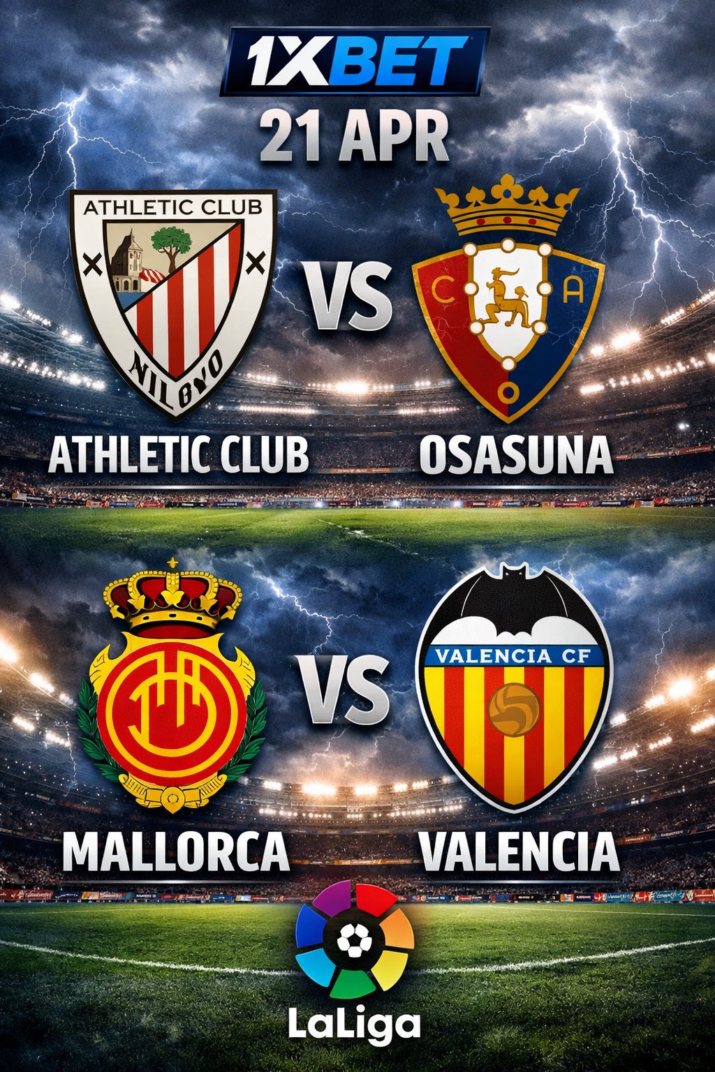 La Liga 21 Avril 2025 : Athletic Club vs Osasuna et Mallorca vs Valencia — Pronostics 1xBet