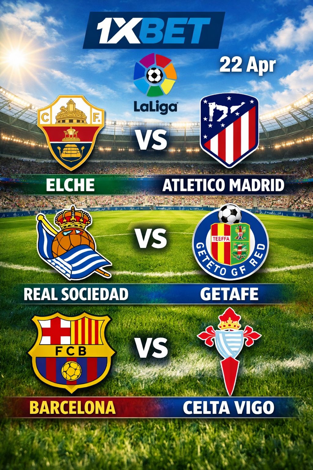 La Liga 22 Avril 2025 : Barcelona vs Celta Vigo, Atletico Madrid vs Elche, Real Sociedad vs Getafe — 1xBet